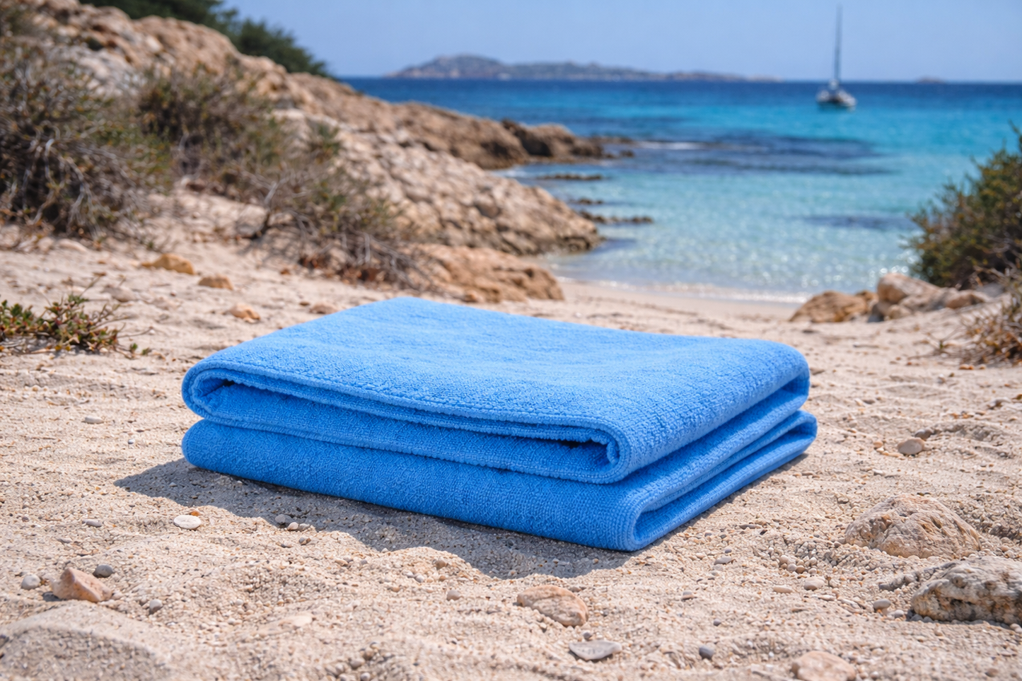 Folded blue towel on a sandy beach with ocean and rocks in the background