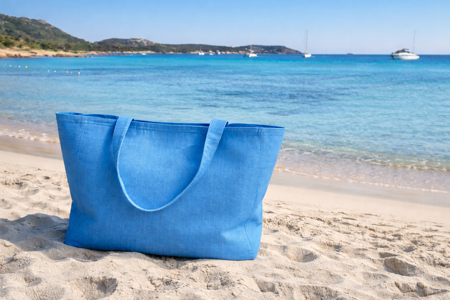 Blue tote bag on a sandy beach with clear blue water and boats in the background
