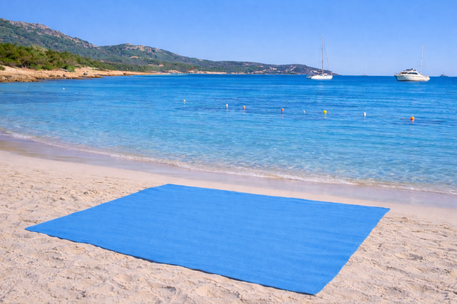 Blue beach mat on a sandy beach with clear blue water and mountains in the background.