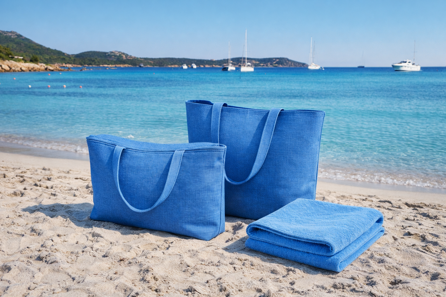Two blue tote bags and a blue towel on a sandy beach with clear blue water and mountains in the background.