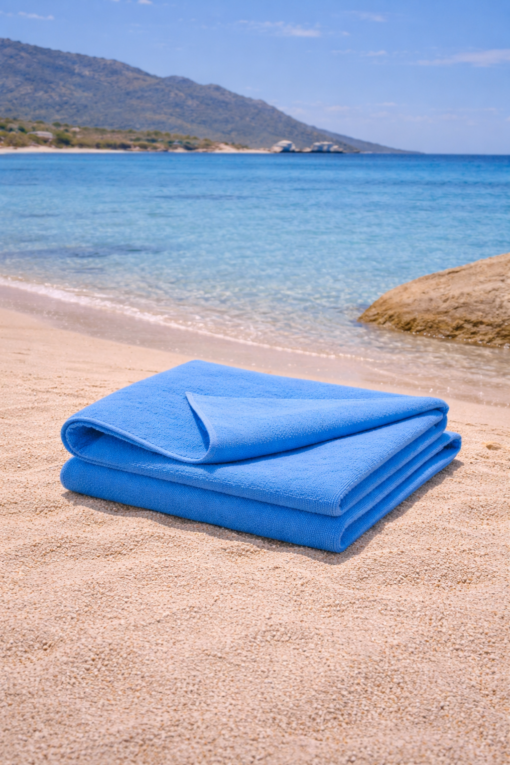 Blue towel on a sandy beach with clear blue water and mountains in the background