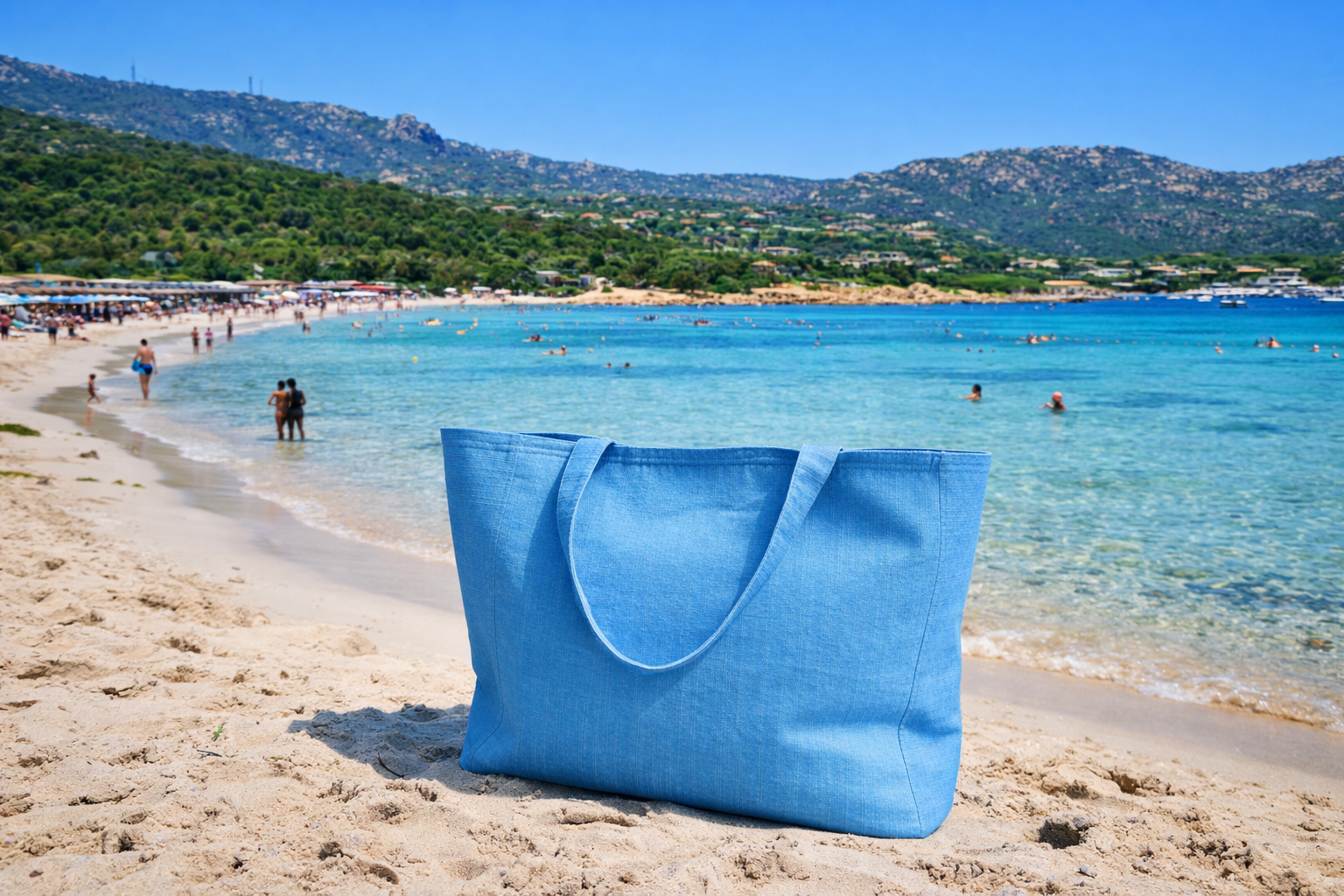 Blue tote bag on a sandy beach with a scenic background of mountains and sea.