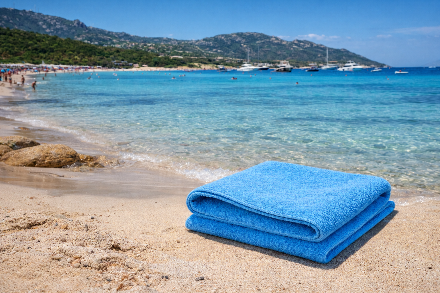 Blue towel on a sandy beach with clear blue water and mountains in the background