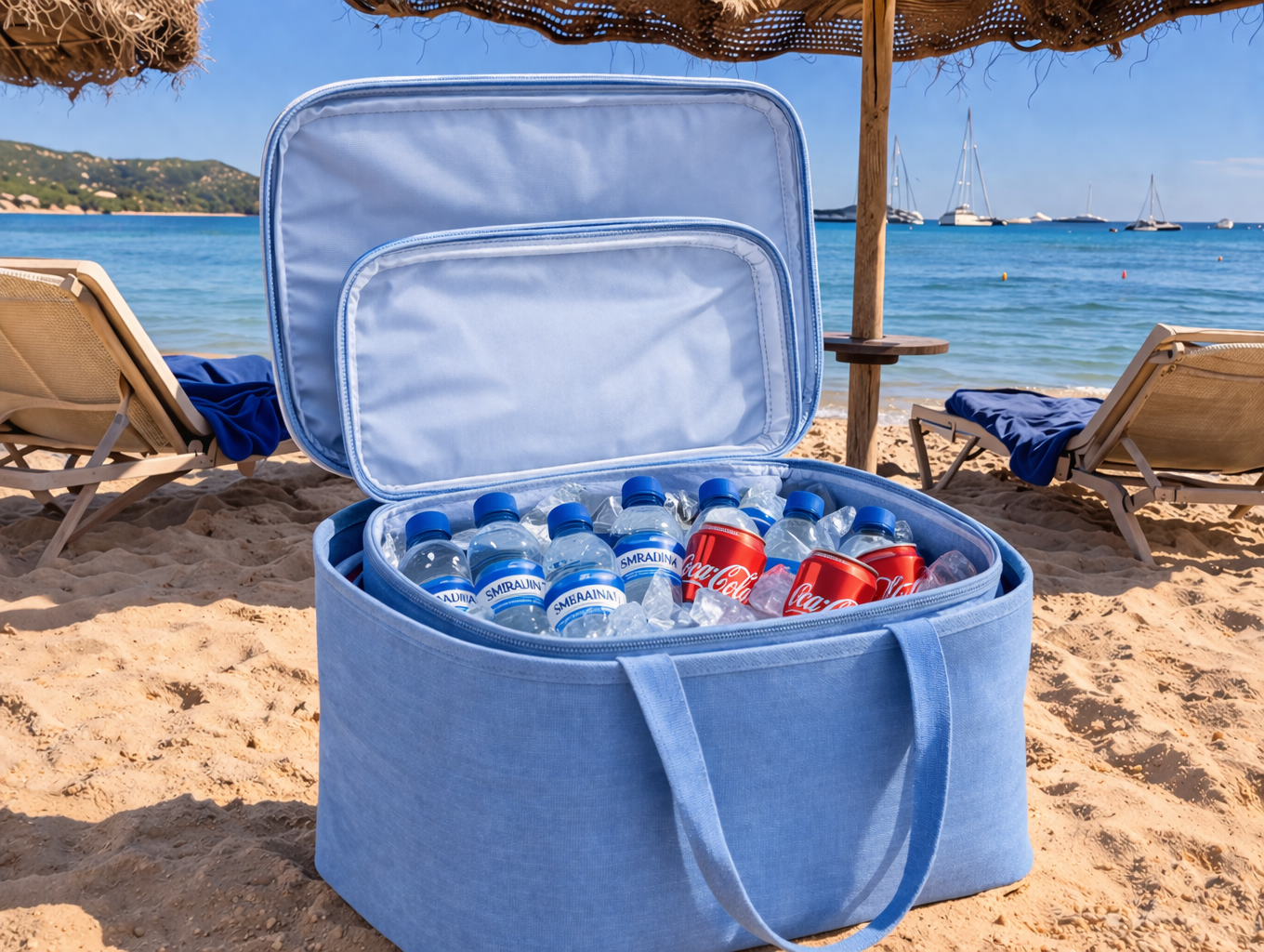 Blue cooler bag with drinks on a sandy beach