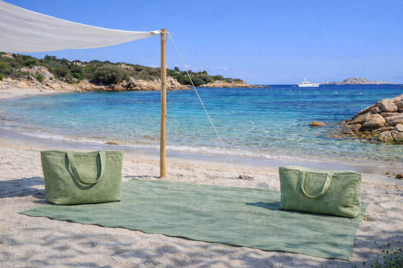 Green bags and mat on a sandy beach with clear blue water and a boat in the background.