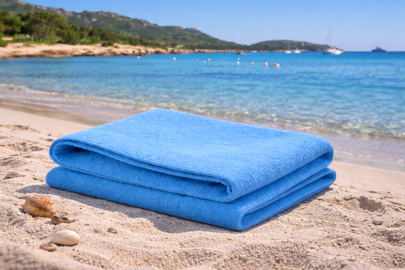 Folded blue towel on a sandy beach with clear blue water and mountains in the background