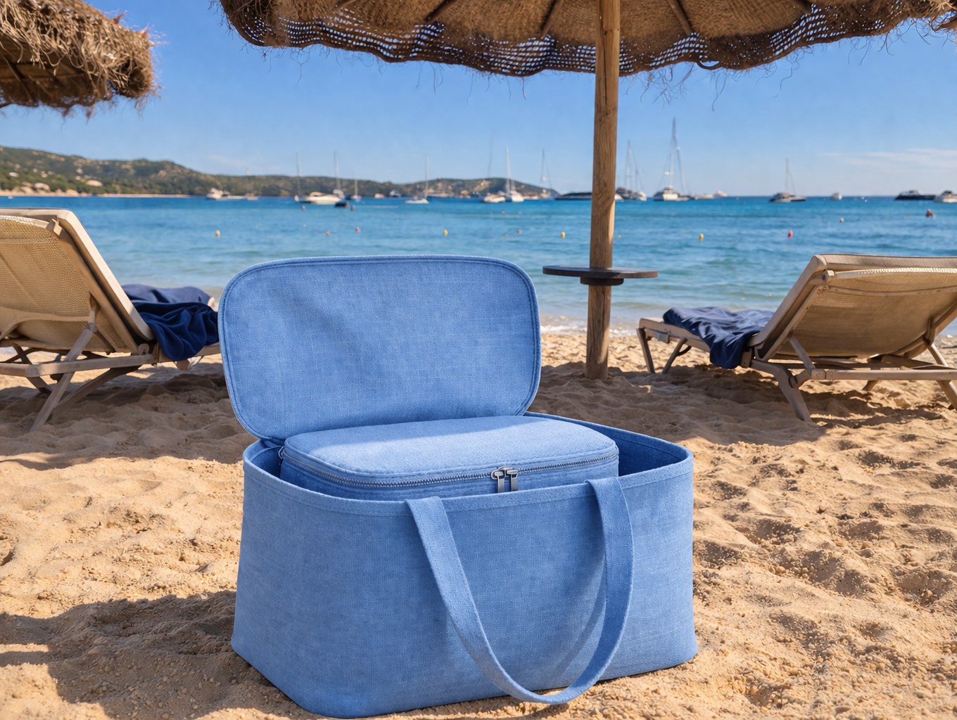 Blue cooler bag on a sandy beach with lounge chairs and an umbrella in the background.
