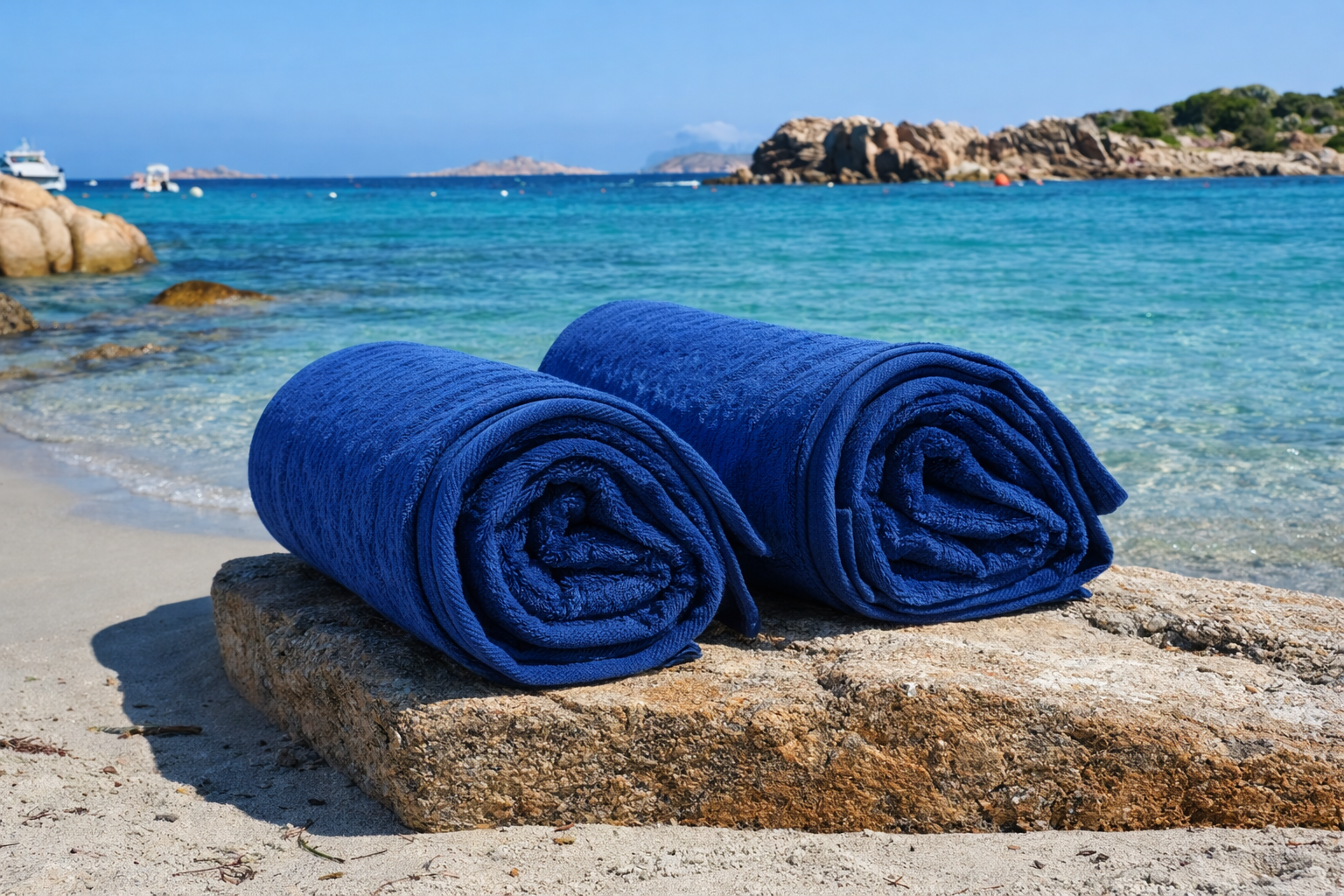 Two blue towels on a rock by the ocean with clear blue water and rocky coastline.