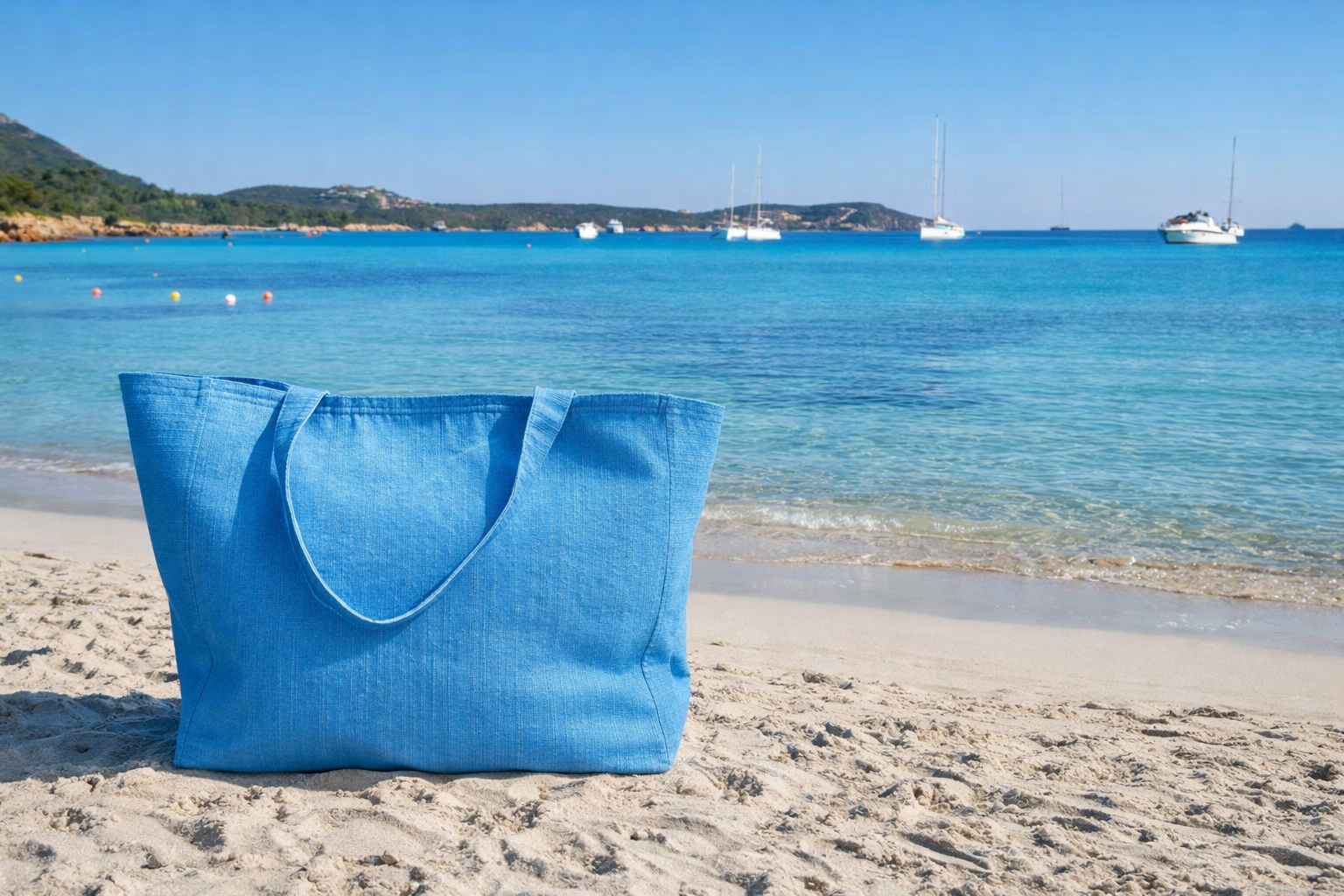 Blue tote bag on a sandy beach with clear blue water and boats in the distance.