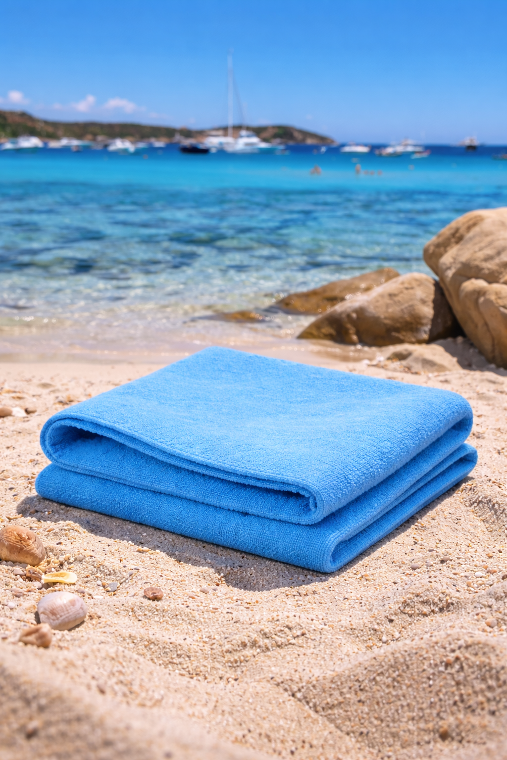 Blue towel on a sandy beach with clear blue water and rocks in the background