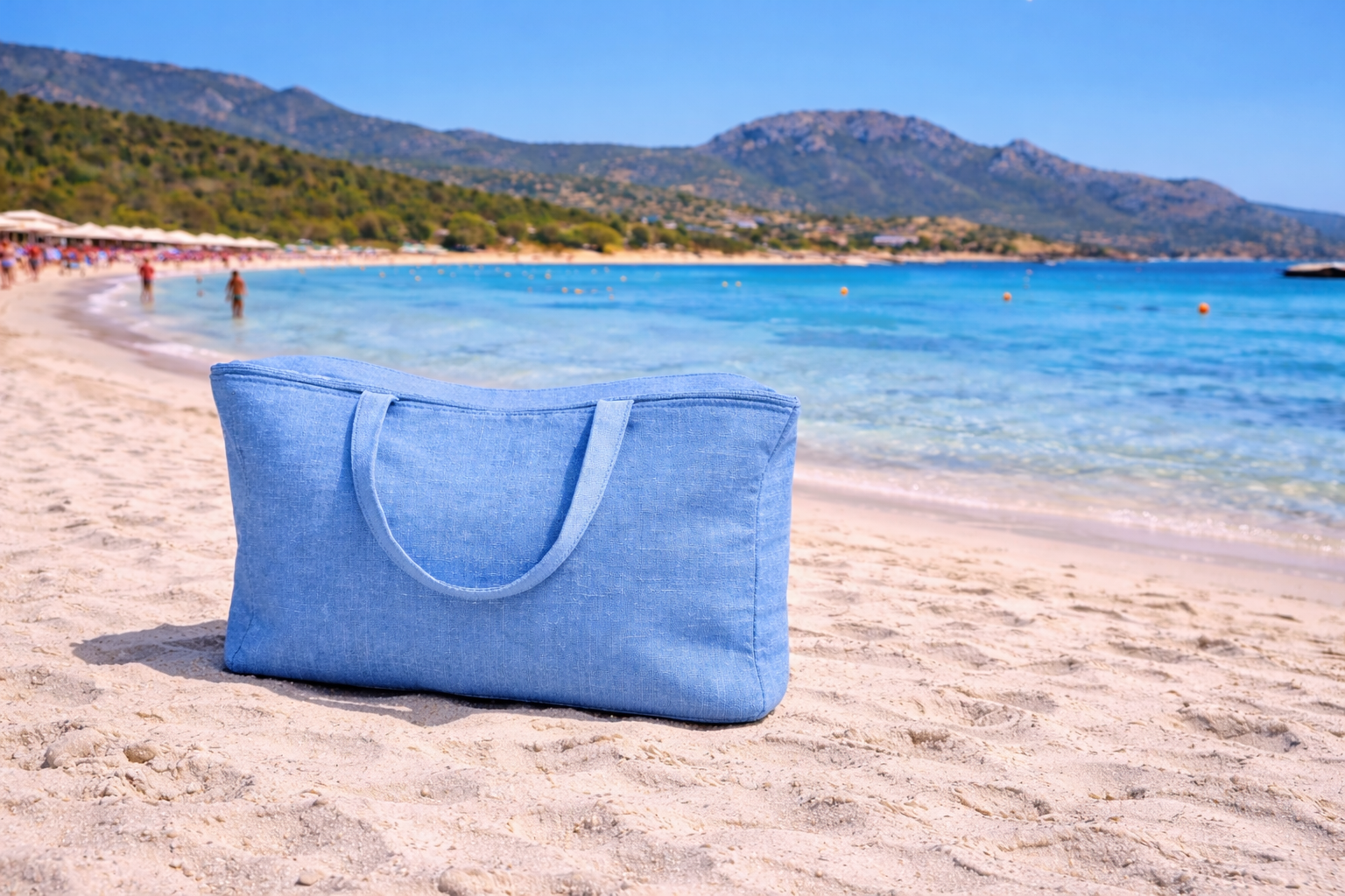 Blue bag on a sandy beach with clear blue water and mountains in the background