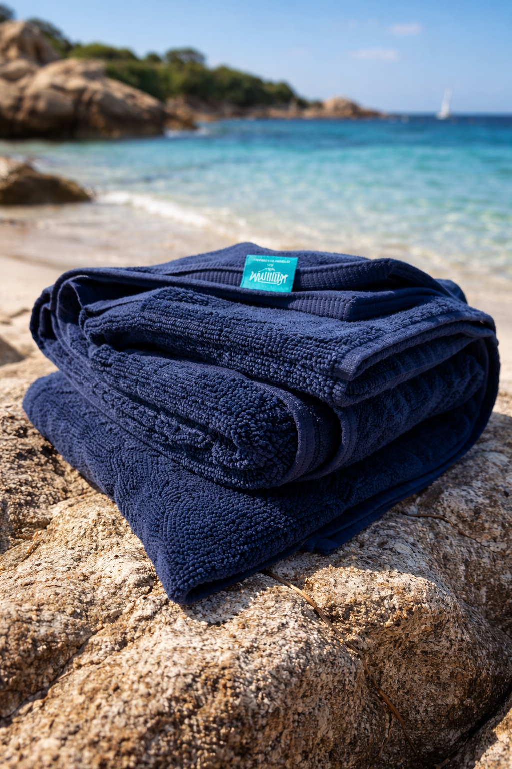 Folded navy blue towel with a brand tag on a rock by the beach