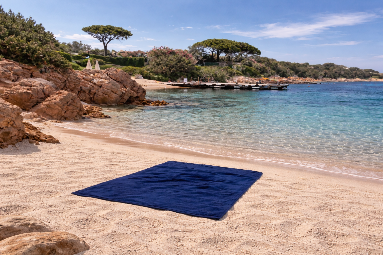 Blue beach towel on a sandy beach with clear blue water and rocky shoreline.