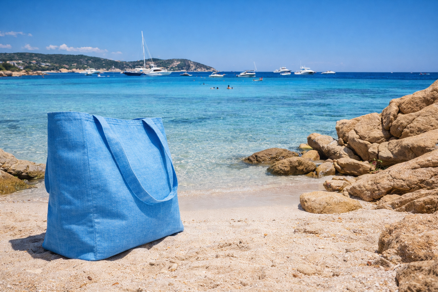 Blue bag on a sandy beach with clear blue water and rocky shoreline
