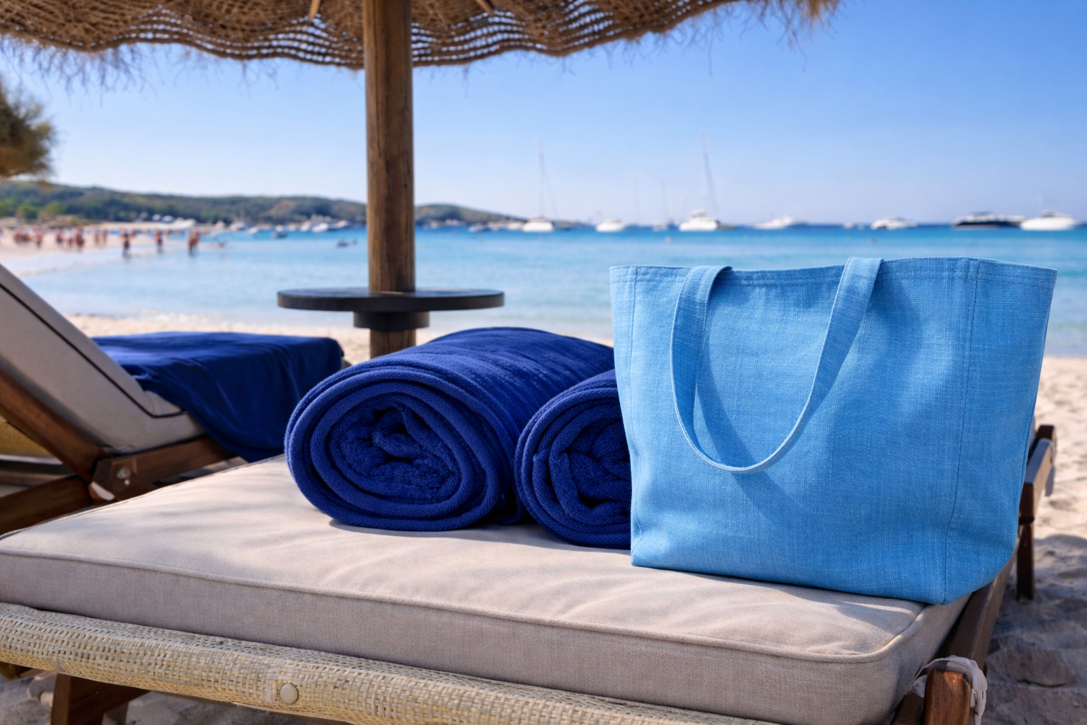 Blue towels and a bag on a beach chair with a scenic ocean view over the bay of grande pevero Costa Smeralda