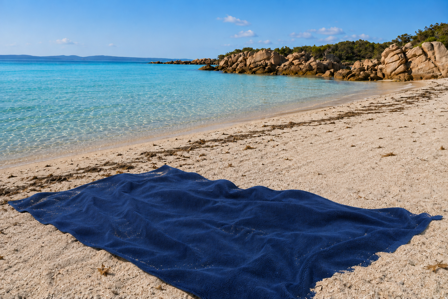 A navy blue towel or blanket spread out on a sandy beach with clear turquoise water and rocky shoreline in the background.