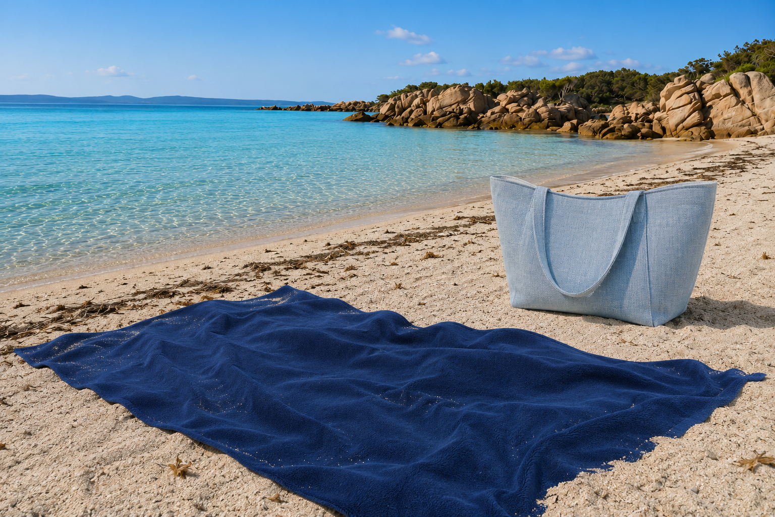 A light blue woven tote bag sits on a sandy beach next to a navy blue blanket, with turquoise water and rocky coastline in the background.
