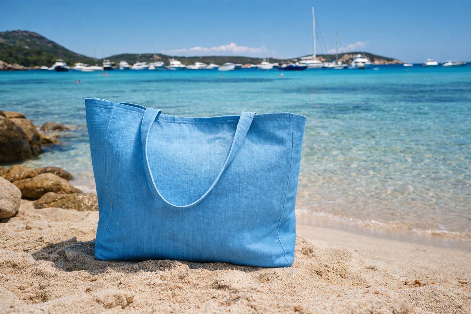 Blue tote bag on a sandy beach with clear blue water and boats in the background