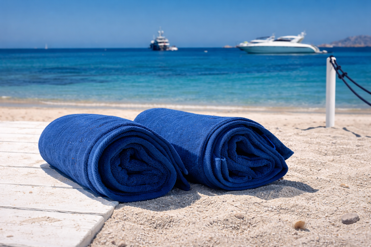 Two blue towels on the wooden deck from the beach Romazzino at Sardinia