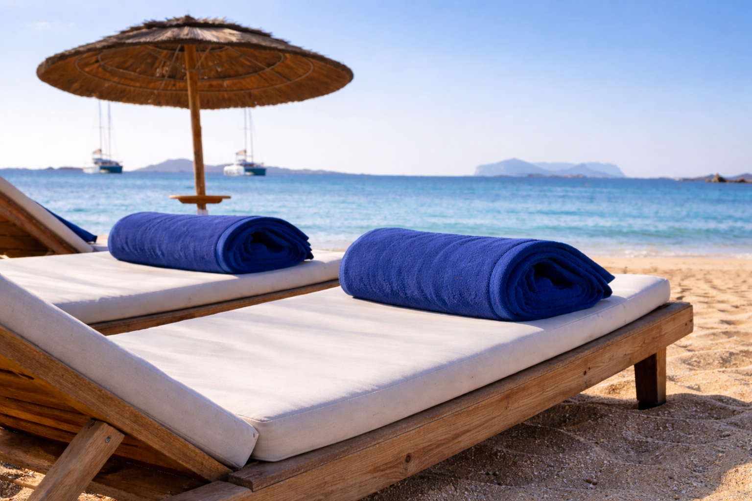 Two lounge chairs from the luxury Hote Romazzino with blue towels with ocean and sky in the background.
